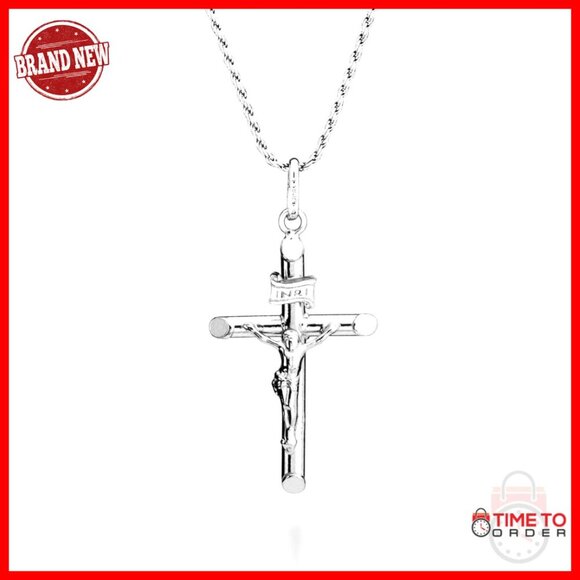 Sterling Silver Cross on Rope Chain — WE ARE ALL SMITH Sterling Silver Crucifix Pendant Necklace with Rope Chain, Made in Italy